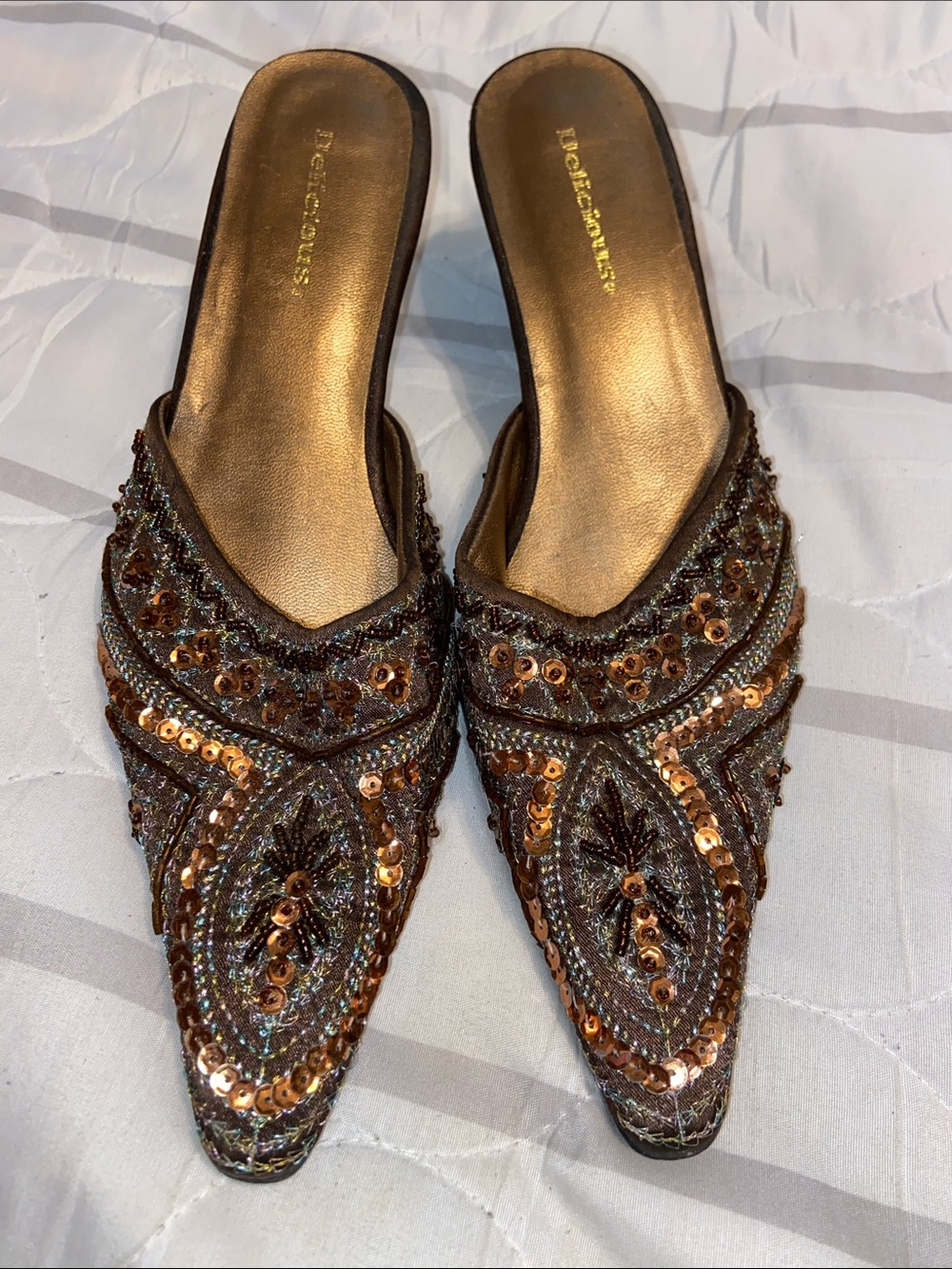 BROWN & GOLD SEQUIN KITTEN HEELS Pointy Toes
